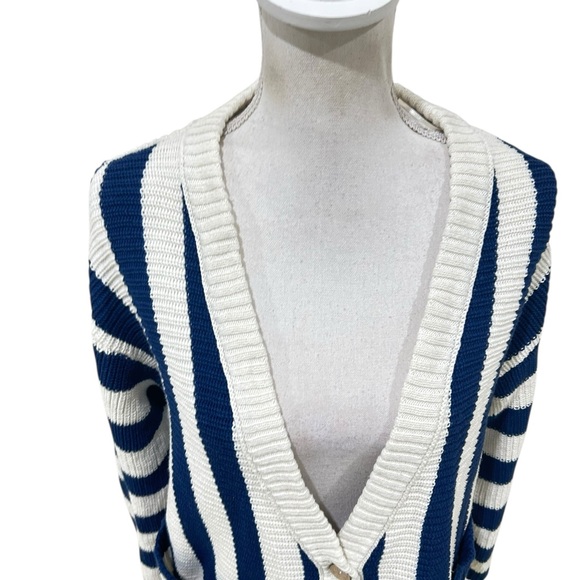 Free People navy Blue & Cream high Tide Striped Cardigan oversized cotton sz xs - Picture 8 of 14